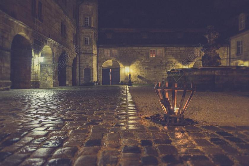 夜 城堡 中世纪 堡垒 建设 黑 墙 照明 照亮 黑暗