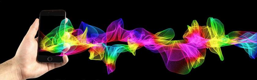 移动电话 智能手机 手 粒子 波 颜色 丰富多彩 线路 模式