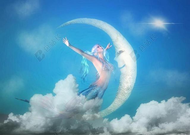 蓝色 美人鱼 月亮 云 天空 幻想 女孩 女性