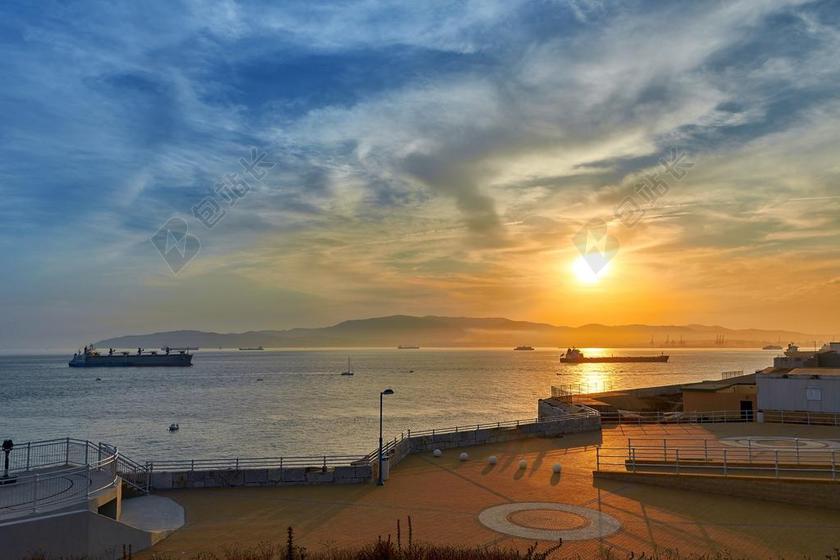 唯美日落港口景色背景图片