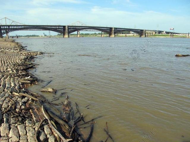 密西西比州 河 河岸 大堤 桥 漂流木 浮动 浑 水 洪水