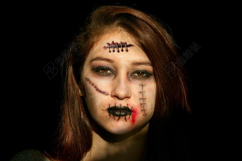 万圣节 恐怖 女孩 疤痕 死亡 白 缝 肖像