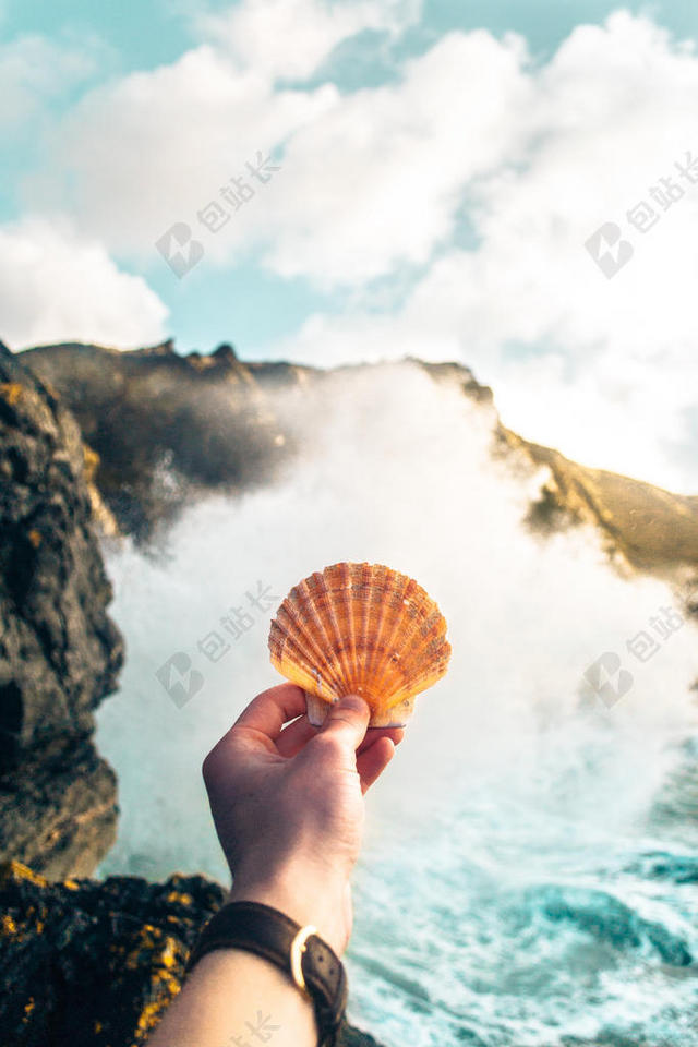 户外手拿贝壳自然风景海水旅游度假背景图片
