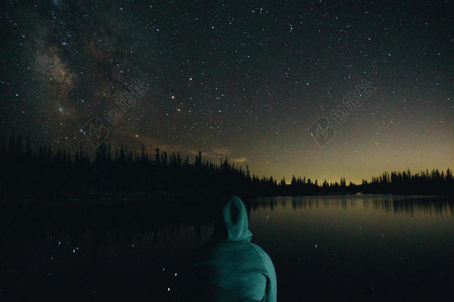 夜晚美丽的星空和湖泊和男人背景图片