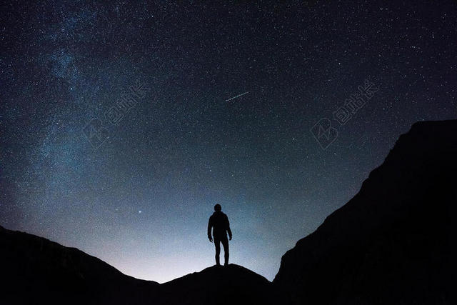 夜晚的星空下山顶的男人背景图片