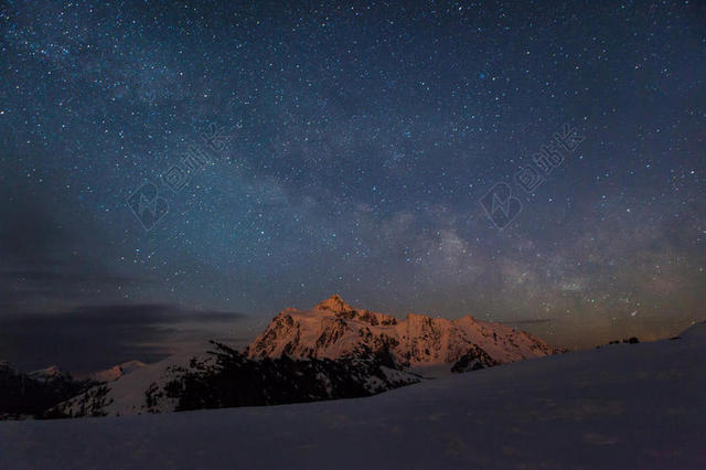 夜晚美丽的星空和白色的雪山背景图片