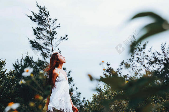 人物性感站在草地间的白裙女孩人物户外摄影植物背景图片