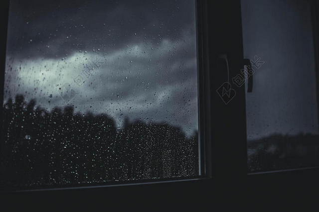 阴天玻璃窗上的雨水背景图片