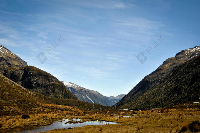 自然风景山间的溪流和草地背景图片