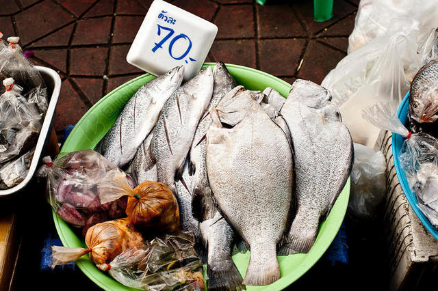 食物海鲜盘子里面的不同的鱼和配料烹饪材料海鲜背景图片