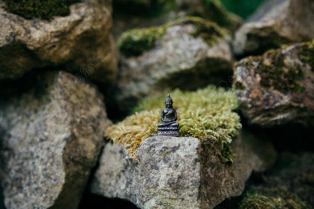 装饰小巧在有苔藓的石块上放着一尊佛像装饰宗教佛像背景图片