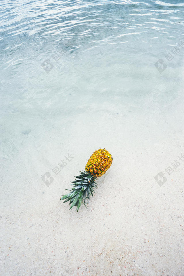 彩色食物水果清新海滩边的菠萝新鲜菠萝摆拍水果背景图片