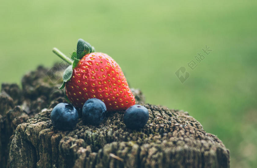 木桩上的草莓和懒么背景图片