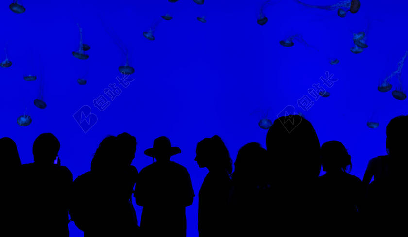 蓝黑人群炫彩蓝光下的人们人群室内海底背景图片