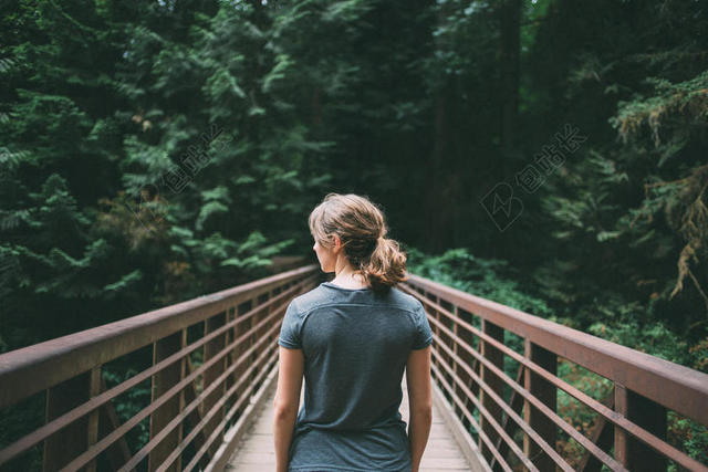 森林木桥上的女孩背景图片