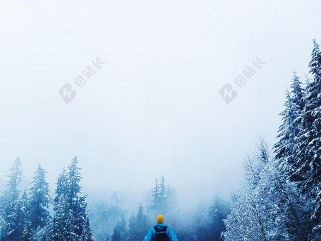 人冬天雪林中的游客背景图片