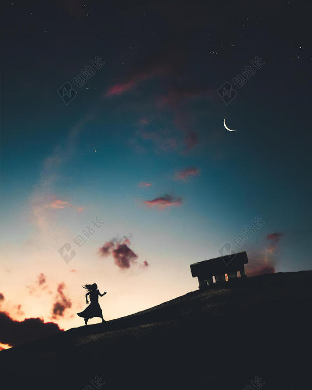 背光 云 新月 月亮 黑暗的 黎明 黄昏 傍晚 月亮 自然 夜 夜空 在户外 人 摄影 运行 轮廓 天空 星星 上坡