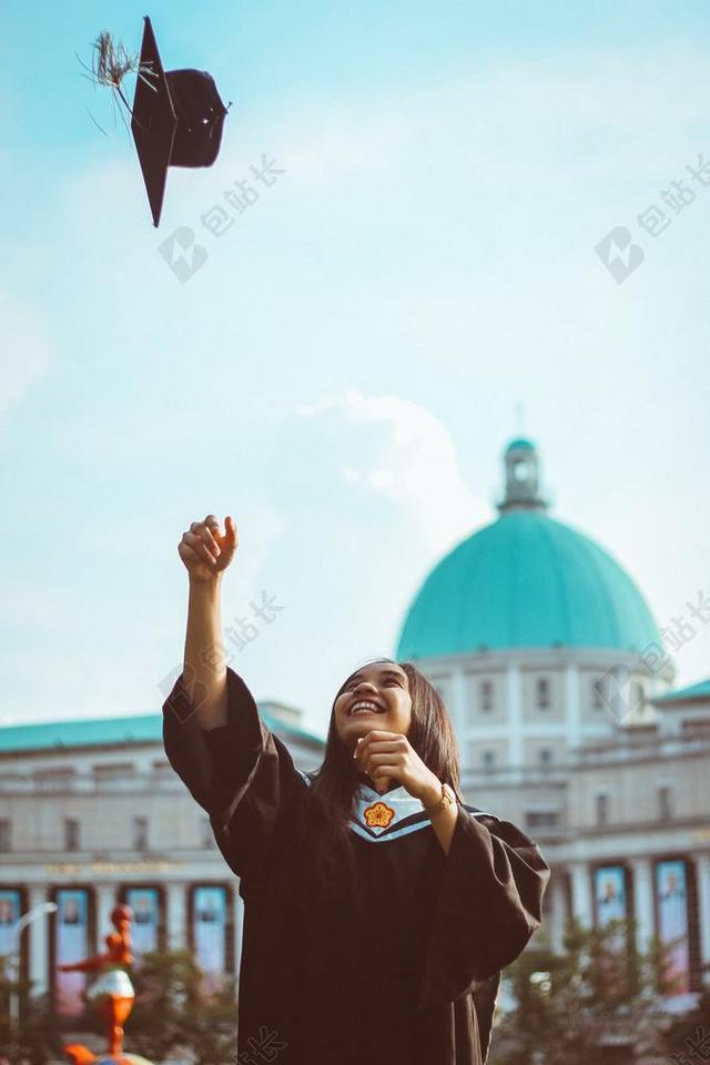 大学毕业生开心的抛起学士帽背景图片