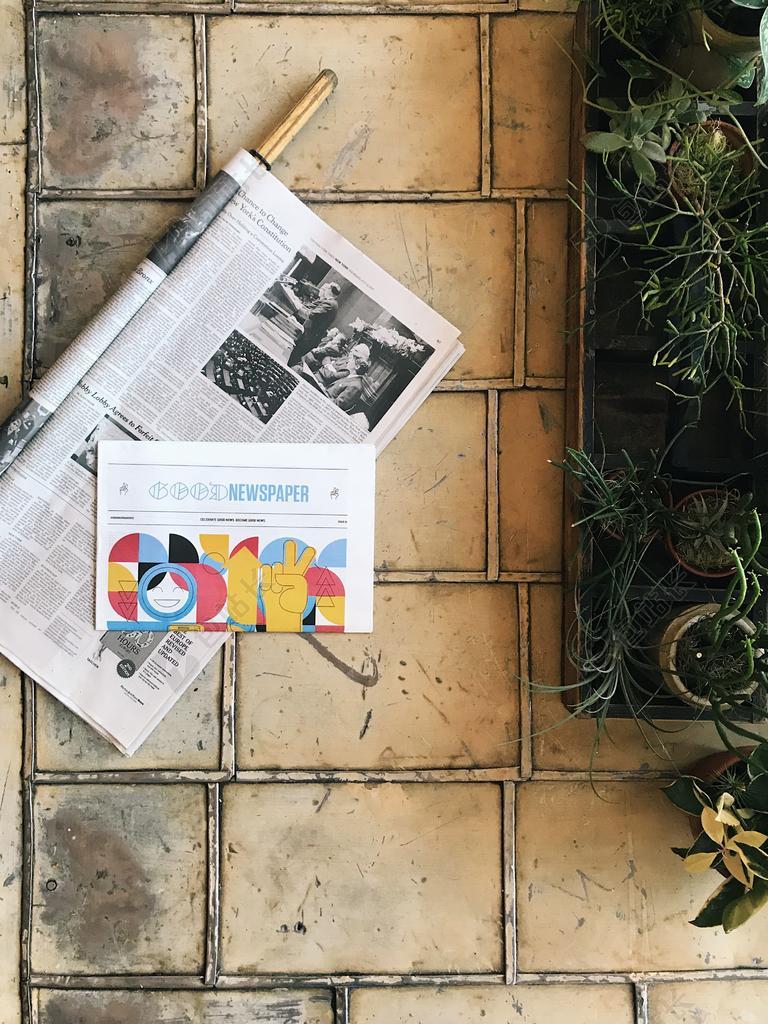 墙上的盆栽和报纸背景图片