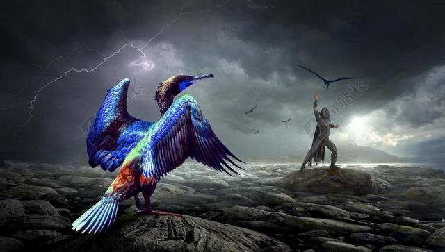 幻想 鸟 人的 蓝色 神秘 景观 作曲 大气 超现实主义