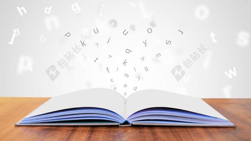 黄白书籍简单摊开的书本上飞出很多字母知识书籍阅读背景图片