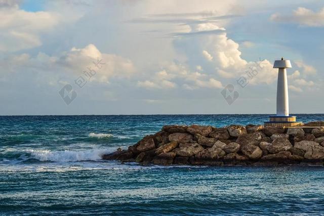 海 防波堤 灯塔 海滨 天空 云 地平线 波 航标灯 导航