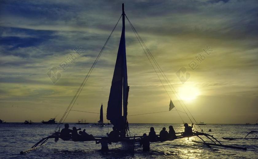 晚上 日落 长滩岛 海滩 菲律宾 帆船 水 海 海洋 帆