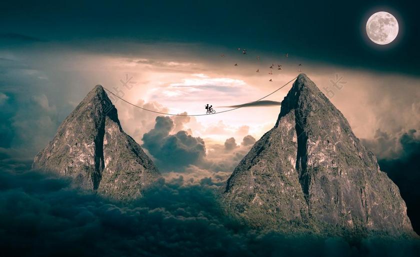 云 山 天空 蓝蓝的天空 月球 幻想 童话故事 晚上 神秘