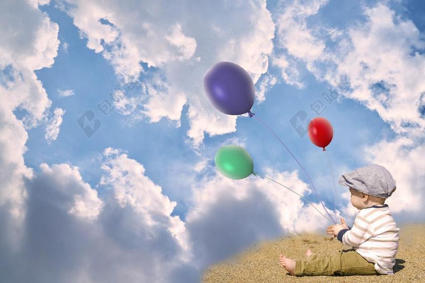 孩子 小的时候 坐 气球 天空 云 儿童 快乐 玩具