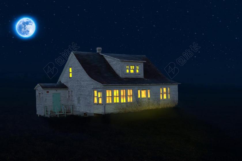 首页 照亮 夜 满月 老房子 月光 繁星点点的天空 明星
