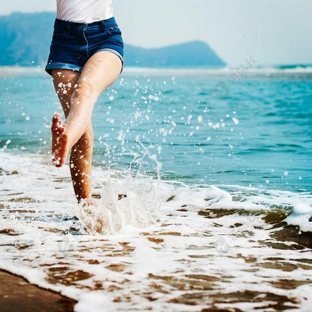 跺脚 脚 人 女子 快乐 波 海洋 海 冒险 旅行 假期