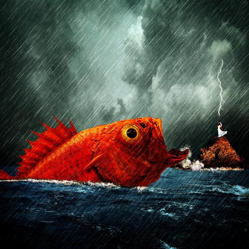 女子 鱼 大鱼 海 海洋 雨 暴风雨在海上失踪 闪电