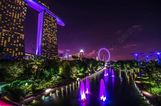 紫色灯光梦幻滨海湾高楼摩天轮背景图片