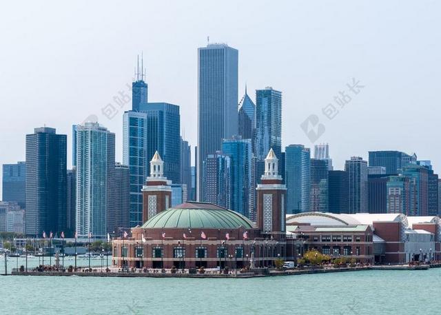 海军码头 芝加哥天际线 河景 高层建筑 市中心 城市 密歇根湖