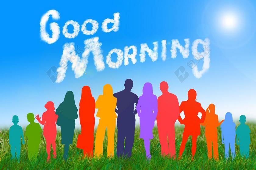 上午 早上好 组 人类 个人 剪影 友好 地平线 草地