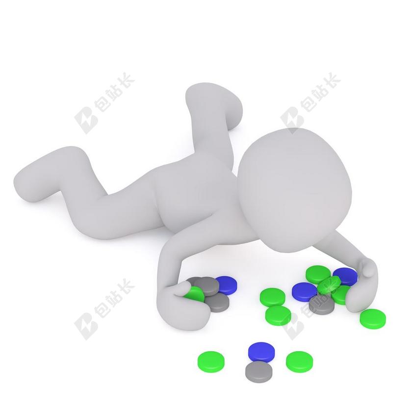 广告时尚3D人模特摔倒一地上药片背景图片