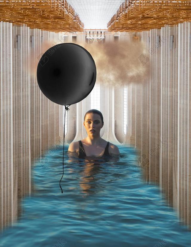 女子 年轻 池 湿 云 暗云 气球 氦气 水 象征主义