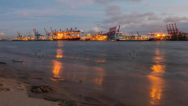 易北河 汉堡 易北河海滩 灯 光 大光 集装箱船 端口 日落