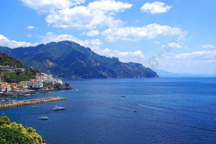 意大利 海 景观 阿马尔菲海岸 小船 岩 假日 全景图 端口