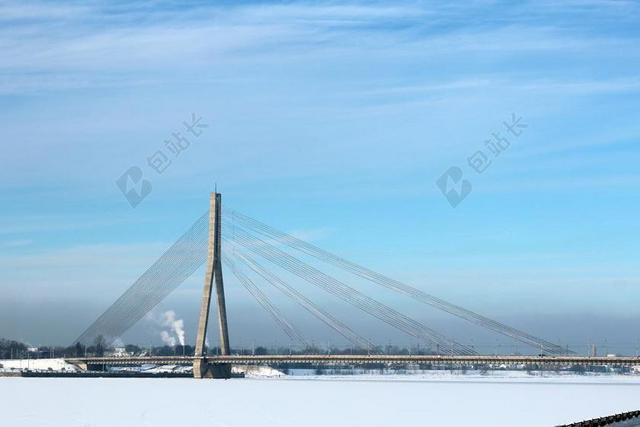 桥 架构 河 天空 蓝色 雪 冻结 斜拉桥 现代 建设