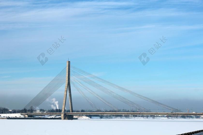 桥 架构 河 天空 蓝色 雪 冻结 斜拉桥 现代 建设