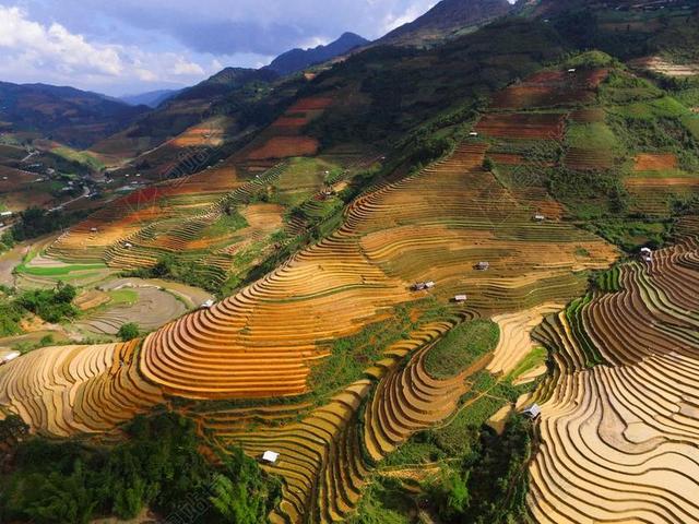 山 稻田 农场 景观 高原 自然 房子 蓝色 天空